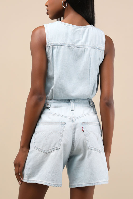 Vest Light Wash Button-Front Denim Romper