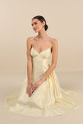Paride Shiny Light Yellow Gathered Lace-Up Midi Dress