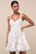Flaviana White and Beige 3D Floral Embroidered Mini Dress