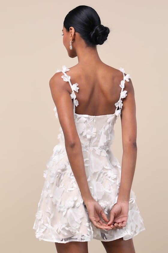 Flaviana White and Beige 3D Floral Embroidered Mini Dress