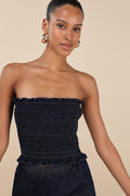 Diantha Dark Blue Smocked Strapless Crop Top