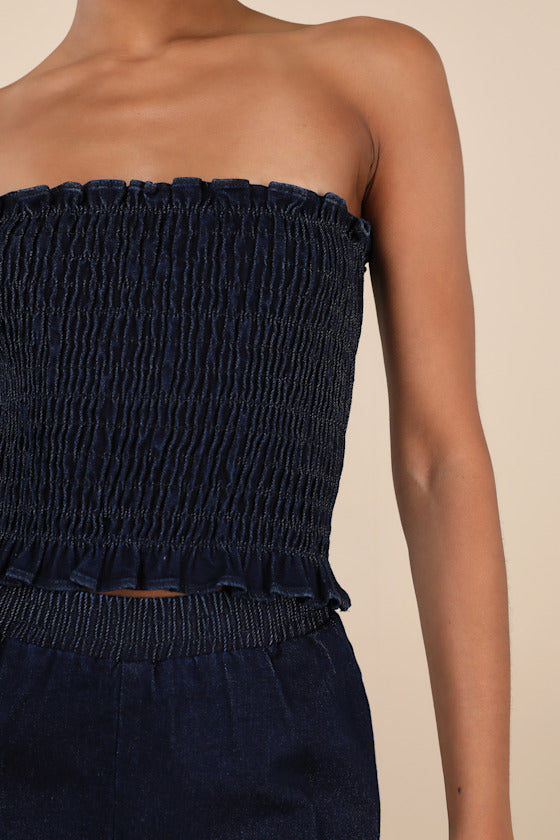 Diantha Dark Blue Smocked Strapless Crop Top