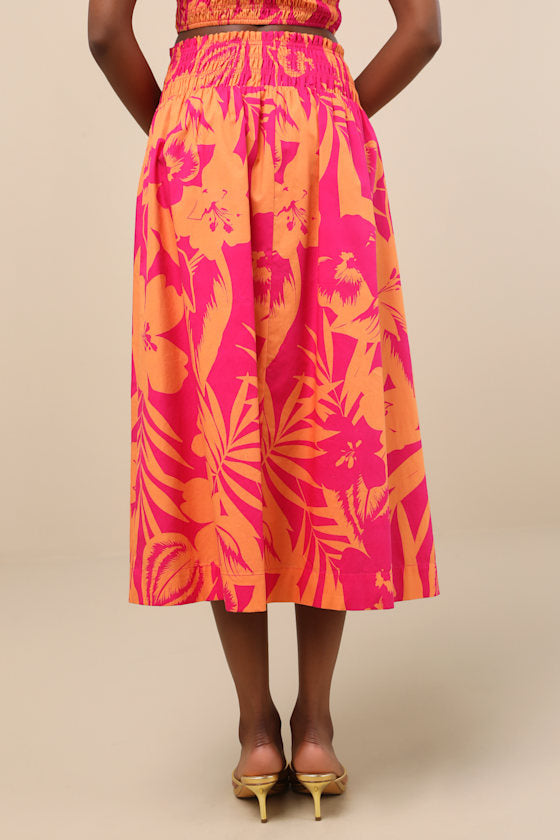 Luana Pink and Orange Floral High-Rise Midi Skirt