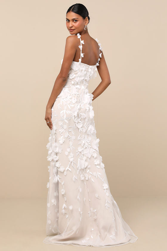 Kore White and Beige 3D Floral Mermaid Maxi Dress