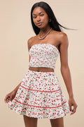 Chelan White Cherry Print Tiered Mini Skirt