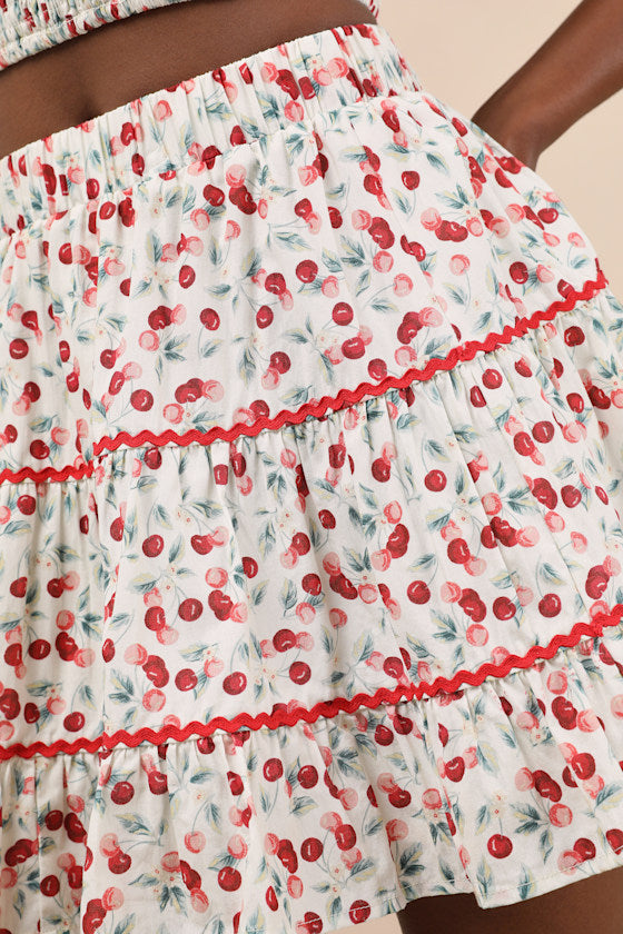 Chelan White Cherry Print Tiered Mini Skirt