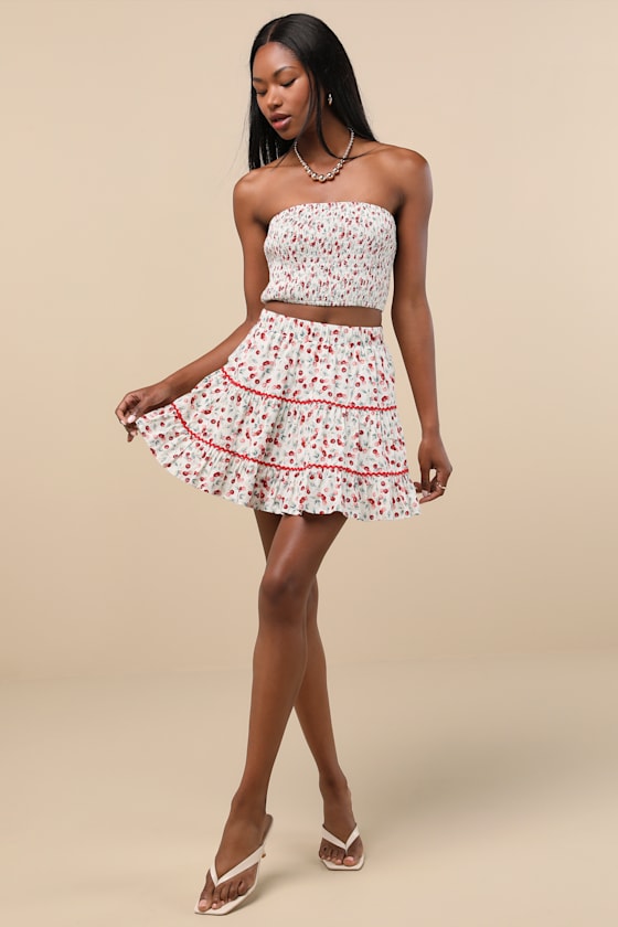 Chelan White Cherry Print Tiered Mini Skirt