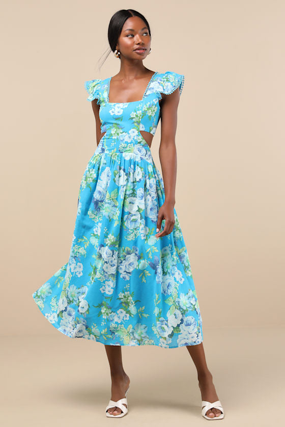 Prielle Bright Blue Floral Cutout Midi Dress