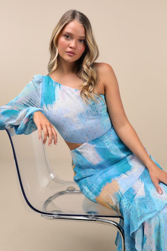 Faria Blue Multi Abstract Metallic Clip Dot Midi Dress