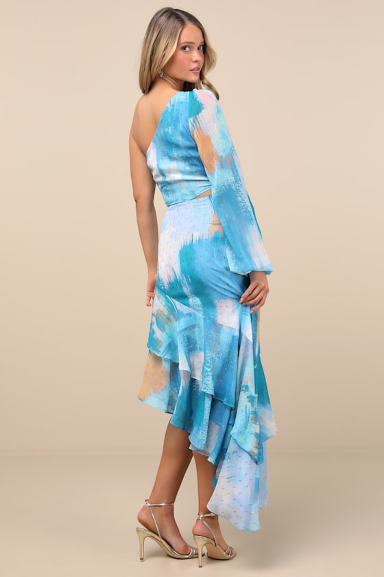 Faria Blue Multi Abstract Metallic Clip Dot Midi Dress