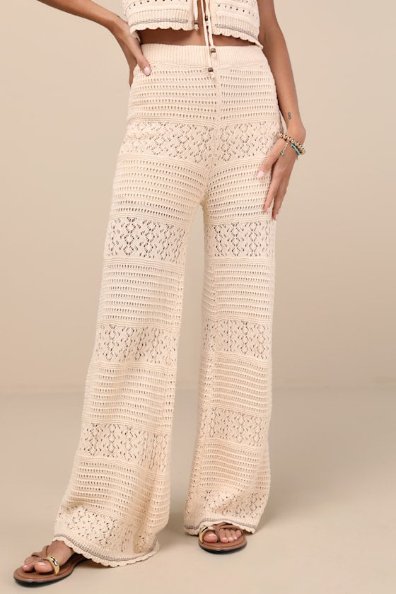 Desta Beige Crochet Knit Wide-Leg Pants