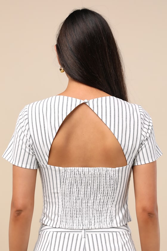 Danai White and Slate Striped Short Sleeve Crop Top