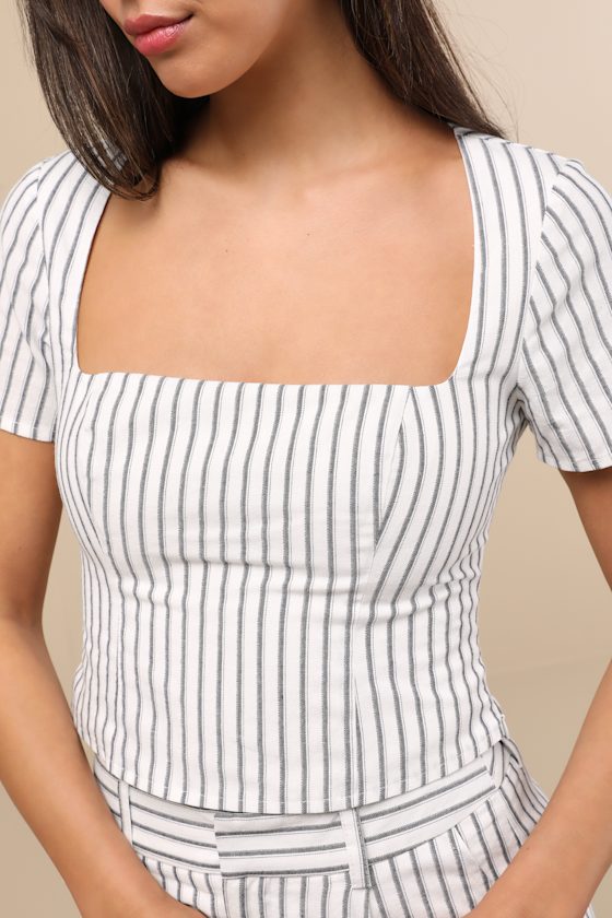 Danai White and Slate Striped Short Sleeve Crop Top