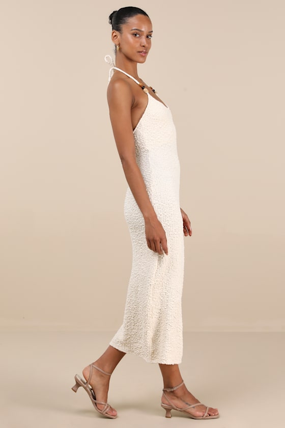 Meike Cream Textured Knit Beaded Halter Midi Dress
