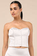 Megan White Satin Pearl Strapless Crop Top