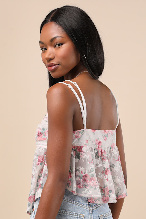 Alinor Ivory and Pink Floral Sheer Babydoll Tank Top
