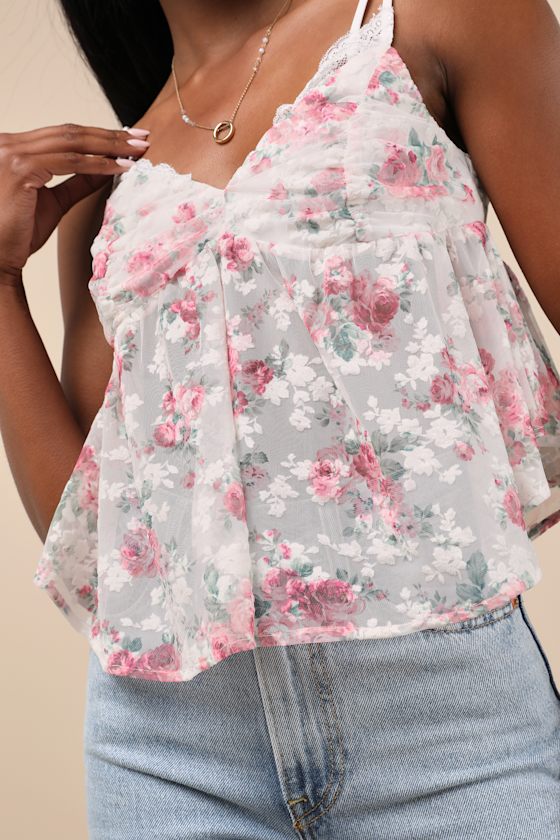 Alinor Ivory and Pink Floral Sheer Babydoll Tank Top