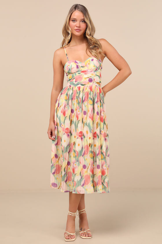 Aleyna Yellow Abstract Pleated Lace-Up Bustier Midi Dress