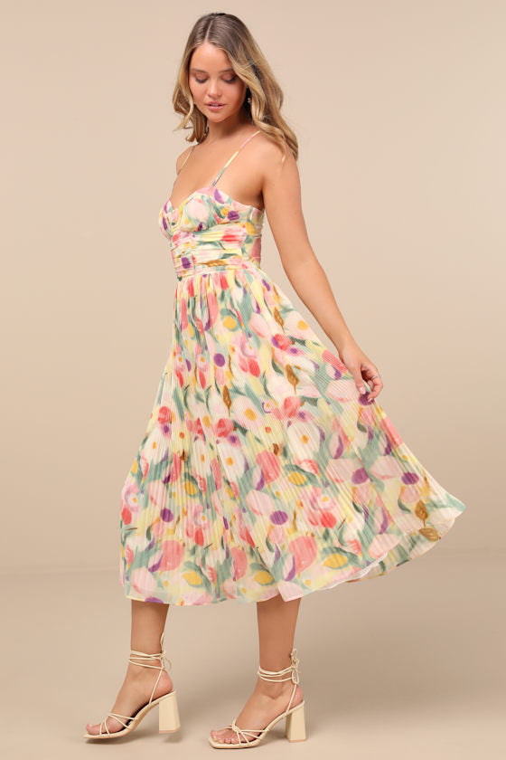 Aleyna Yellow Abstract Pleated Lace-Up Bustier Midi Dress