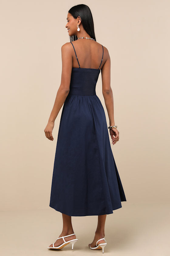 Tandria Navy Smocked Sleeveless Midi Dress