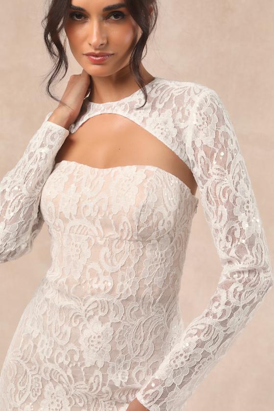 Neska White and Beige Lace Maxi Dress and Shrug Set