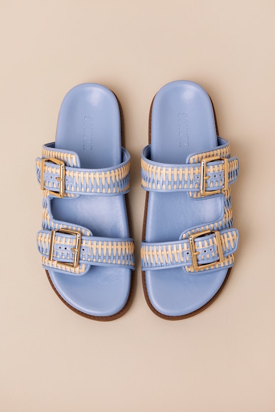 Naomi Sporty Beige and Sky Blue Woven Buckle Slide Sandals