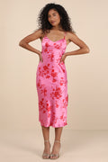 Glamorous Efforts Hot Pink Floral Print Tie-Back Midi Dress
