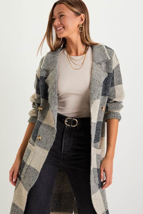 Cuddle Club Beige and Black Plaid Long Sleeve Coatigan