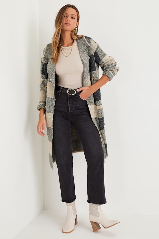 Cuddle Club Beige and Black Plaid Long Sleeve Coatigan