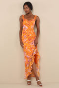 Lovable Spirit Orange Floral Burnout Ruffled High-Low Maxi Dress