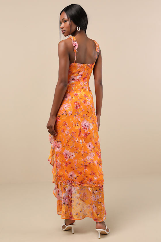 Lovable Spirit Orange Floral Burnout Ruffled High-Low Maxi Dress