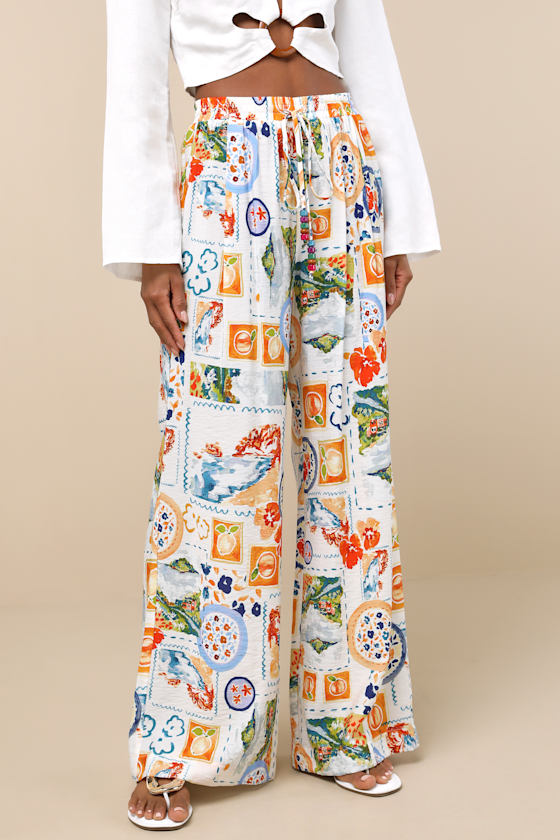 Eydis Ivory Multi Print Wide-Leg Drawstring Pants