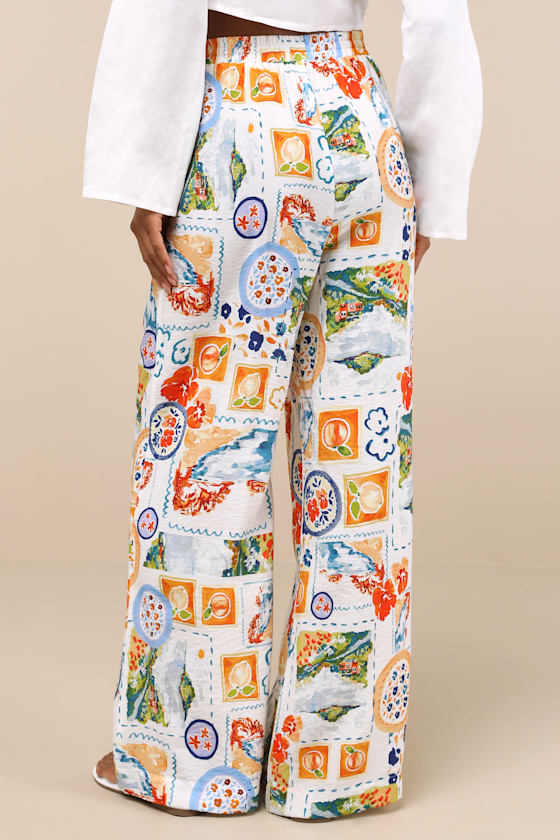 Eydis Ivory Multi Print Wide-Leg Drawstring Pants