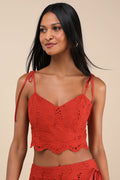 Kamilla Rust Red Eyelet Embroidered Tie-Strap Tank Top