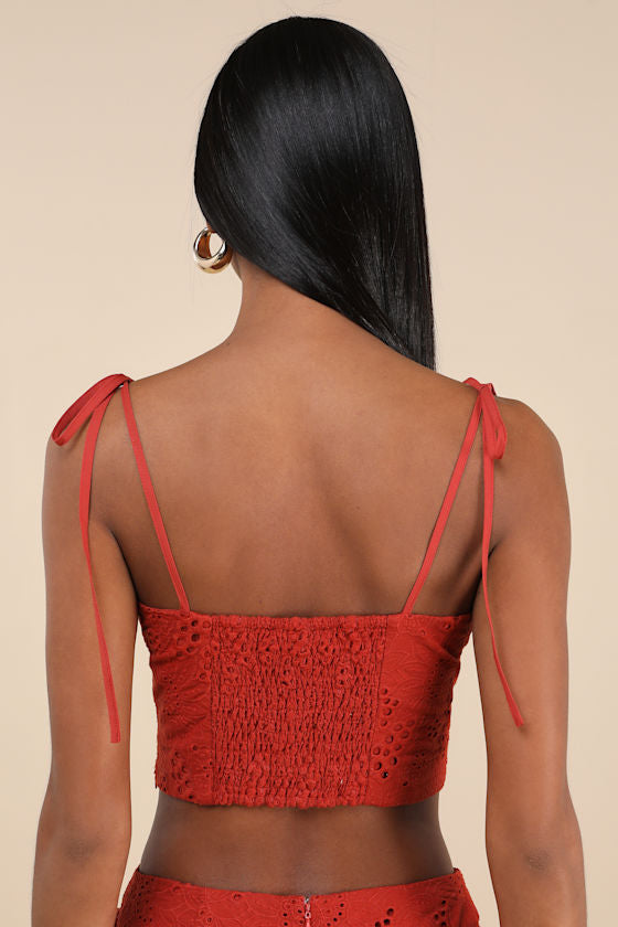 Kamilla Rust Red Eyelet Embroidered Tie-Strap Tank Top