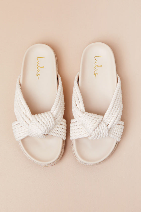 Kellon Ivory Raffia Knotted Slide Sandals