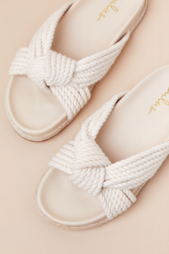 Kellon Ivory Raffia Knotted Slide Sandals