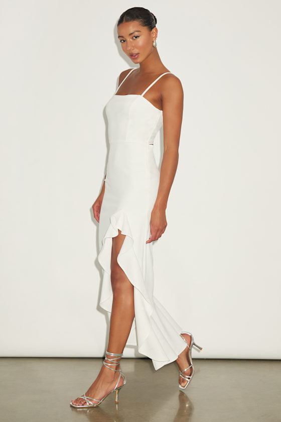 Iveta White Cutout Ruffled Sleeveless Midi Dress