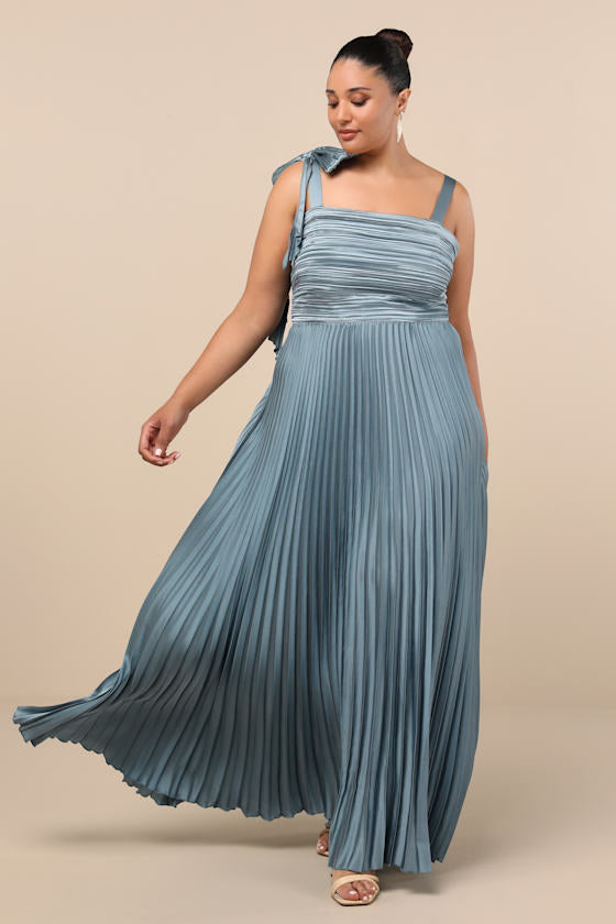 Gorgeous Purpose Slate Satin Pleated Sleeveless Bow Maxi Dress