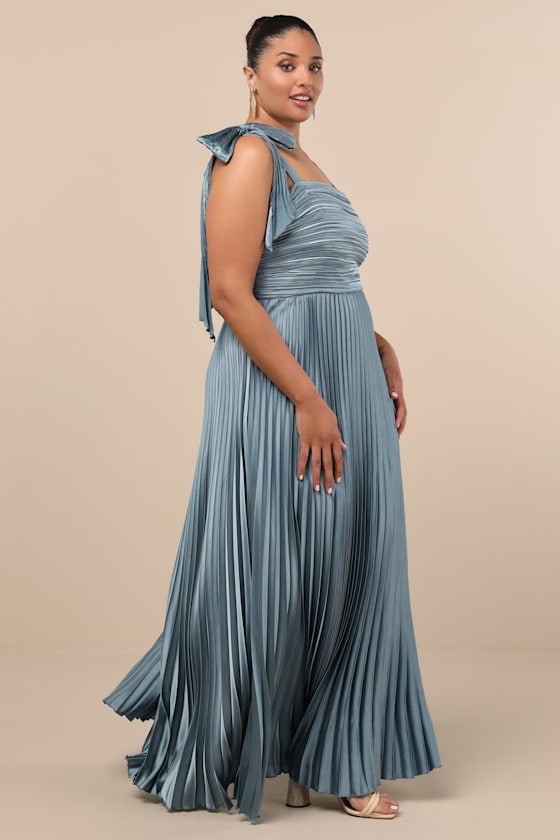 Gorgeous Purpose Slate Satin Pleated Sleeveless Bow Maxi Dress