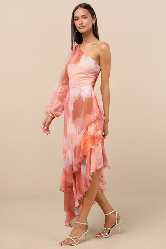 Faria Peach Multi Abstract Metallic Clip Dot Midi Dress