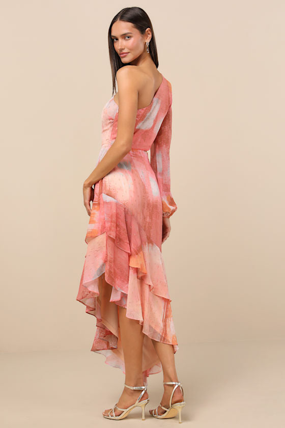 Faria Peach Multi Abstract Metallic Clip Dot Midi Dress