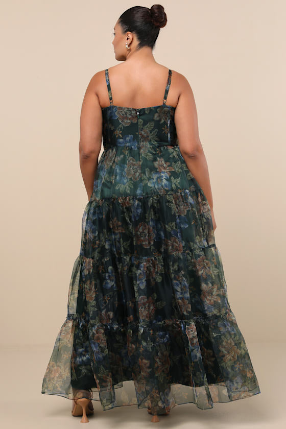 Exclusive Glamour Green Floral Organza Tiered Maxi Dress