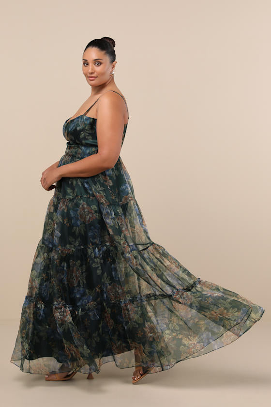 Exclusive Glamour Green Floral Organza Tiered Maxi Dress