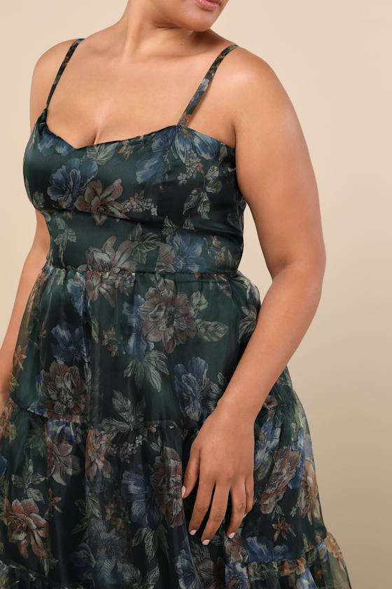 Exclusive Glamour Green Floral Organza Tiered Maxi Dress
