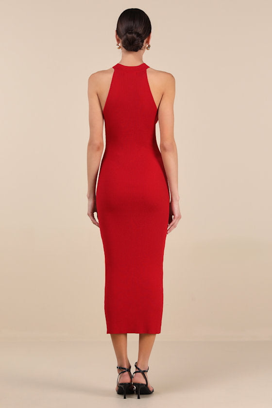 Sunia Red Sleeveless Button-Front Midi Sweater Dress