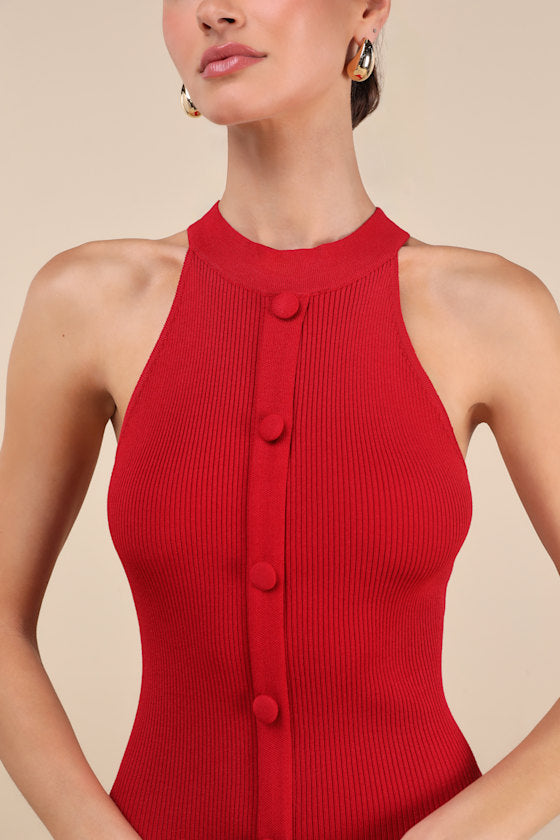 Sunia Red Sleeveless Button-Front Midi Sweater Dress