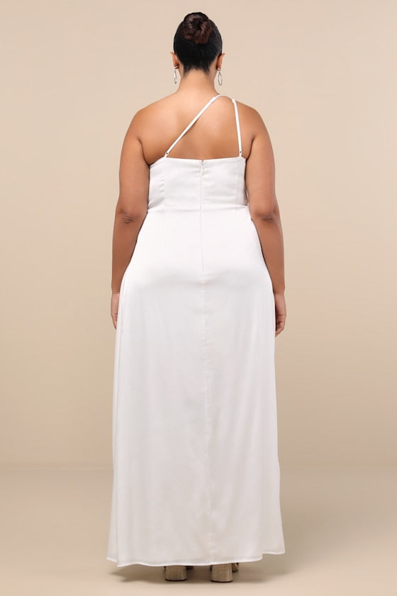 Signature Elegance White Satin One-Shoulder Maxi Dress