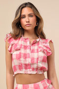 Giada Pink and Ivory Plaid Flutter Sleeve Crop Top