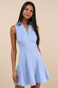 Zenley Blue Striped Collared Skater Mini Dress